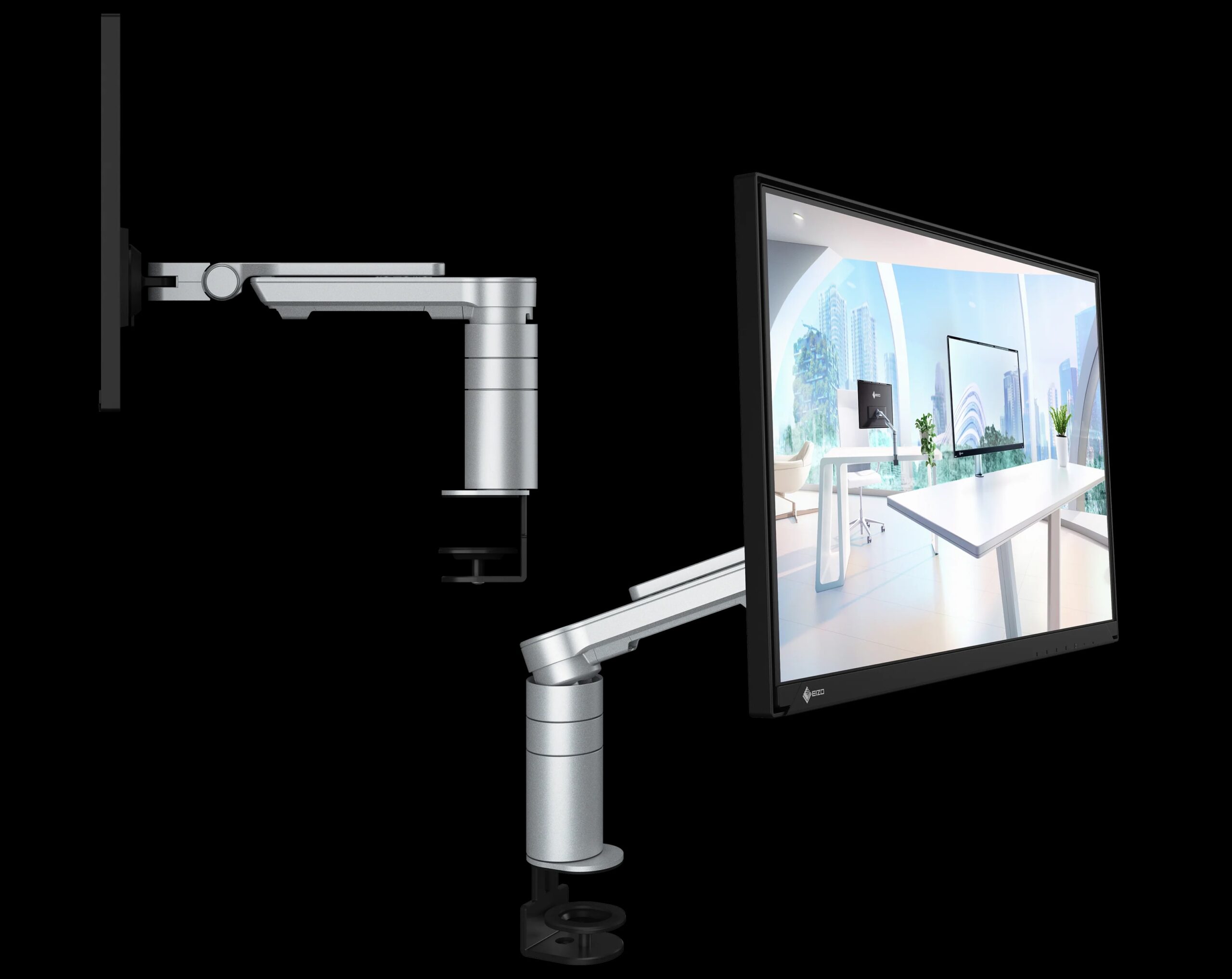 Le moniteur Eizo FlexScan FLT et son pied qui se pince sur le bureau, vu sous deux angles différents